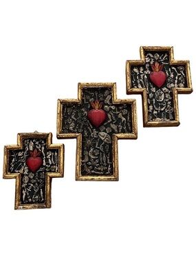 Set of 3 Mexican Crosses with Milagros & Sacred Heart